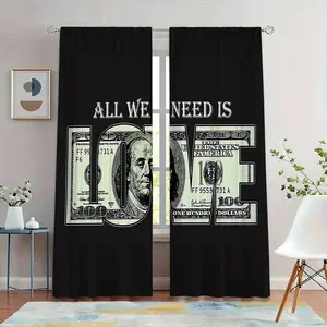 2pc Unique Cool Style Thermal Insulated Curtain, Background Dollar Bill Love Letter Print, High Precision Fabric Insulation Sunscreen Drapes