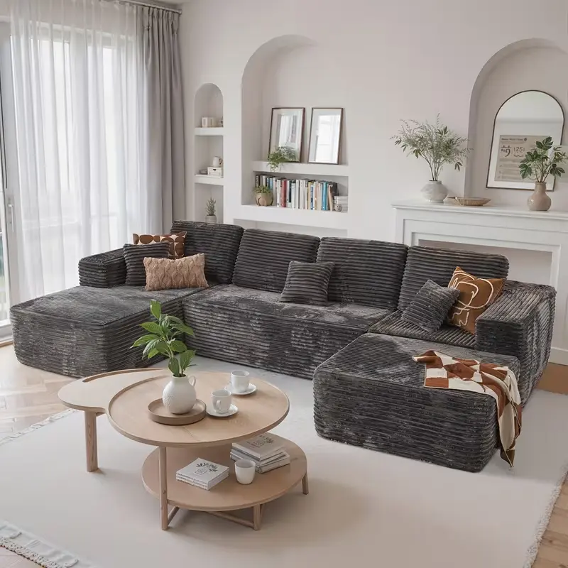 ModMood compress  sofa Sectional with Corduroy Cloud Modular Couch (133x70") - No Assembly + Chaise, Ottoman & 7 Pillows (4L/3S) Free Combination tiktok  shop  fyber  monday soft plush corduroy fluffy memory foam modern Oversize Velvet Sofa