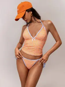 Women's Gingham Print Tankini Set, Casual Sleeveless Swim Top & Swim Bottom Two-piece Swimsuit for Summer, Fashion Women's Swimwear for Beach Holiday Vacation, Tankini Swimsuits Women, Tankini Top Bottoms