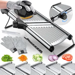 Adjustable Mandoline Food Slicer, Mandoline Slicer for Kitchen, Mandolin, Potato, Tomato, Carrot, Vegetable, Fruit and Onion Cutter - Stainless Steel - INCLUDING 1 Pair Cut-Resistant Gloves