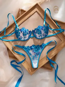 Women's romantic & sexy floral embroidery lace-up lingerie set, perfect for Valentine's Day dating and wedding outfits erotic lingerie