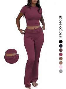 Tiktok Viral 2 Piece Flare Pants Set, Short Sleeve Crop Top & Ruched Waist Bell Bottoms, Y2K Aesthetic for Women, All Seasons