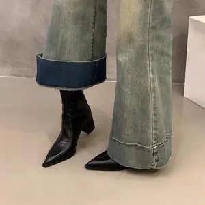 Women's Vintage Chelsea Ankle Boots - Pointed Toe Mid-Heel Booties (Brown/Black), Slip-resistant Rubber Sole, All-Season wear - Elegant Girl Leather