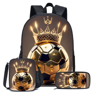 Crown Soccer-Themed Pattern 3pcs Backpack Set for Children And Students, Casual Book Bag, Boys' Bag, Back-To-School Season., for Teenager, For Teenager