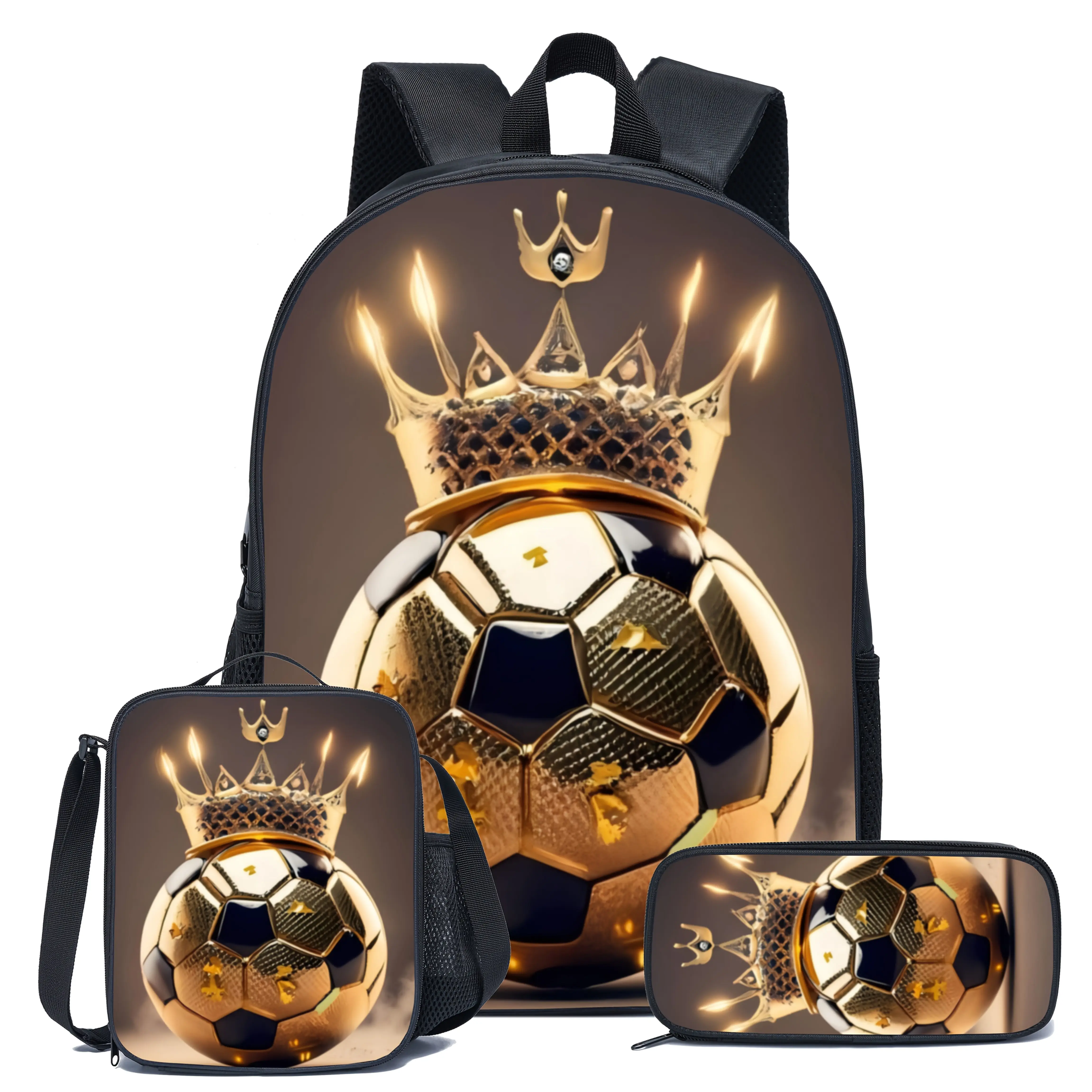 The Golden Soccer King three-piece backpack is made of durable 600D Oxford cloth and features adjustable, breathable shoulder straps. Suitable for children and teenagers for school, travel, and outdoor activities.
