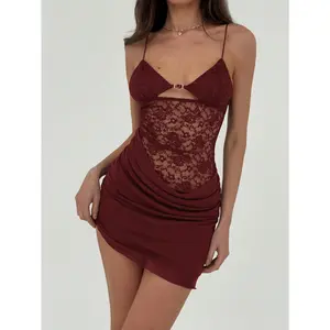 Lace Patchwork Hollow Out Spaghetti Strap Bodycon Mini Dress For Night Out,Party Dresses For Women