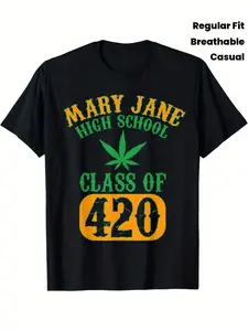 1pc Men's Class Of 420 Weed Graphic T-Shirt, 100% Fabric, Crew Neck, Short Sleeve, Regular Fit, Weekend Casual Wear, All-Season Casual Wear, 180gsm - Ideal for Valentines New Year's Day Father's Day Christmas, Holiday Gift, Seasonal Apparel