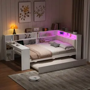 Twin Size Platform Bed Wood Frame with Storage Shelves, Trundle, Charging Station, LED, Desk and Upholstered Headboard, No Box Spring Needed