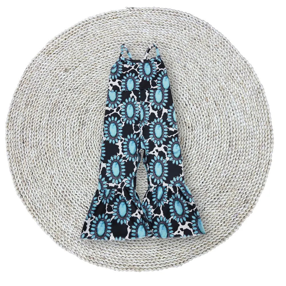 Baby Girls Western Cowgirls Turquoise Ruffle Tunic Bell Bottom Pants Toddler Straps Jumpsuits