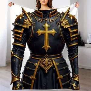 Heavy Medieval Armor Blanket - Thick Flannel Four Seasons Luxury Bedspread - Black and Gold Knight Design - Machine Washable Soft Warm Blanket, Suitable for Home, Office or Gift - Medieval Decorative Embellishment, Modern Style, Soft Texture