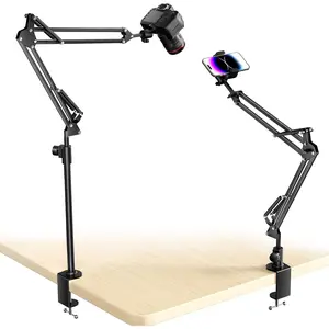 Overhead Camera Mount with 360? Adjustable Arm & Phone Holder for  Live Streaming Photography Studio Content Creation, Desk Mount for DSLR Cameras/Webcam//Ring Light/Microphone