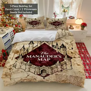 Vintage Magic Map Bedding Set Wizard School Vibe Print Fantasy Room Decor Gift 3pc Set Bedroom Bedding Set