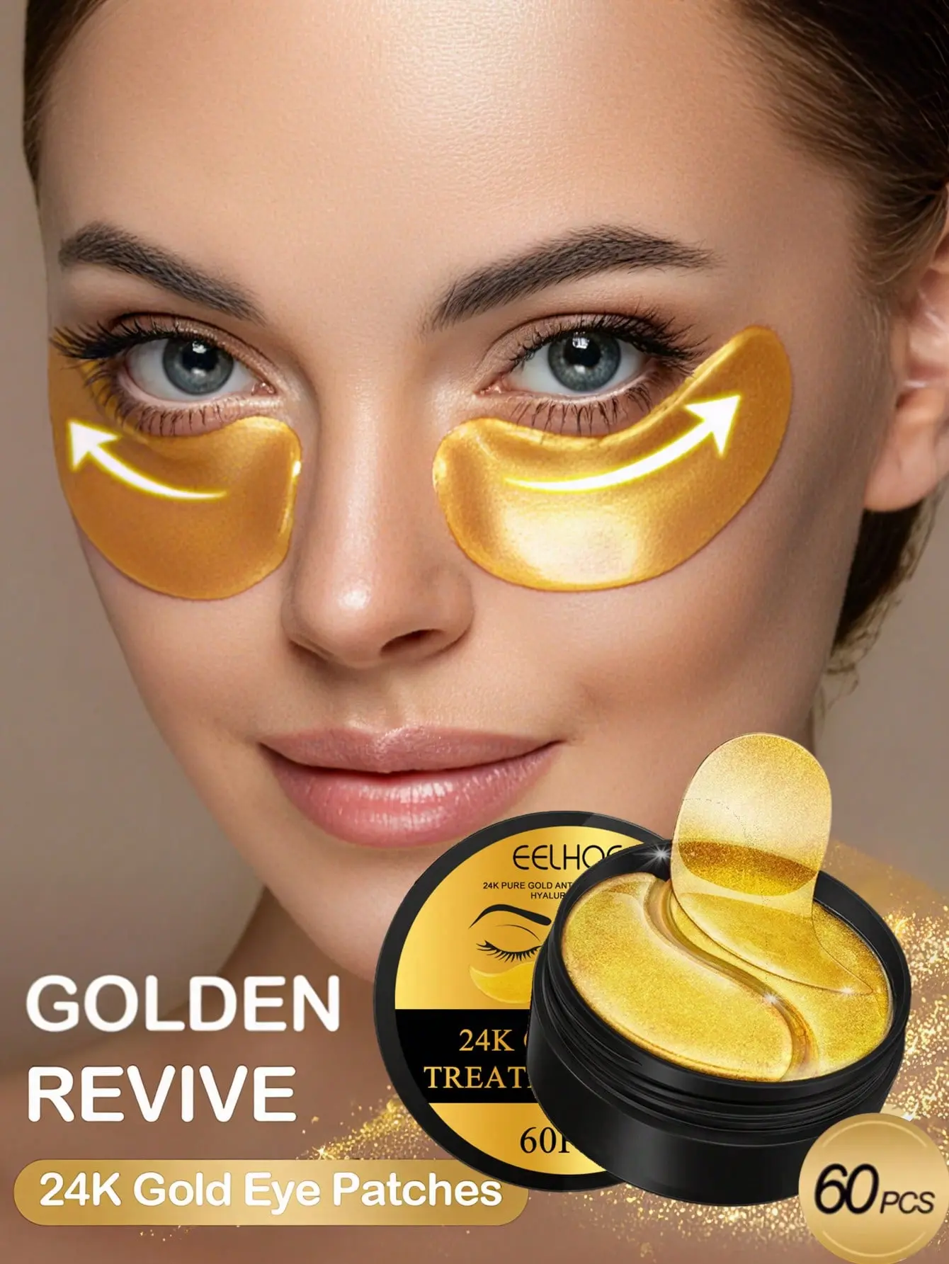 60PCS 24K Gold Revive Under Eye Patches, Hydrating Collagen Eye Gel Mask for Dark Circles, Puffiness, Fine Lines & Anti Aging Skin Care