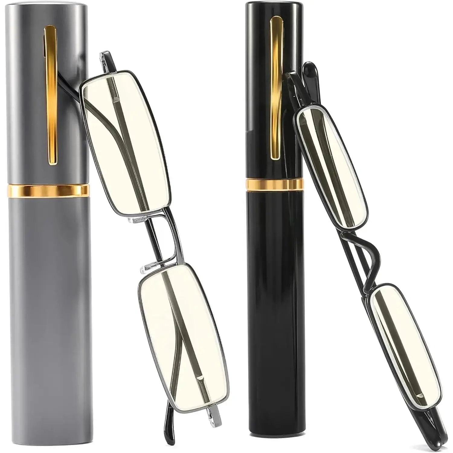 2-Pairs Anti-Blue Light UV Reading Glasses - Stainless Steel Mini Pen Clip Tube Case, Small Portable Travel-Size Compact Slim Pocket Readers, Ideal for Parents (Grey-Big, Black-Small), Cleaning