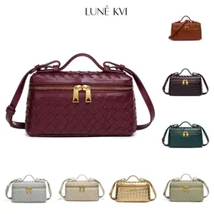 LUNÉ KVI Women's Hand woven Lunchbox Shaped Tote Bag chic handbag  Stylish and Elegant Crossbody Satchel casual trendy purse , Bang Bang Lunchbox Bag Double Zip Cosmetic Pouch Versatile Leather Clutch and Shoulder Bag