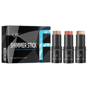 QIC 3-in-1 Shimmer Stick Set - Contour, Blush & Highlighter Kit for Face Sculpting & Glow Coverage Smooth Compact