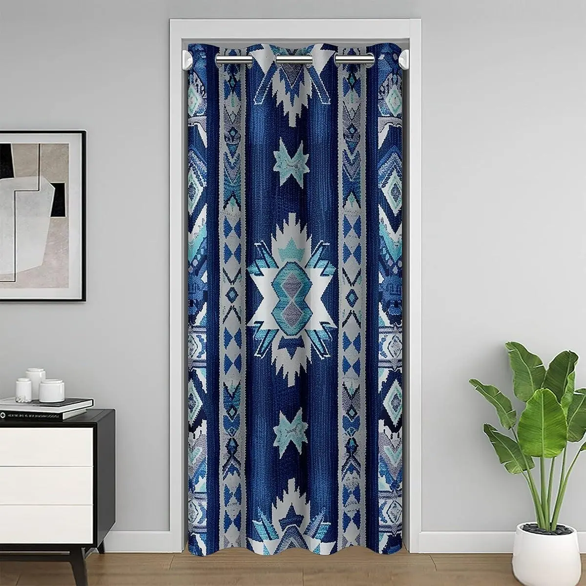 Deep Blue Southwestern Door Curtain Privacy Geometric Room Divider Curtain Cover Tribal Style Native American Indian 30%-50% Blackout Curtain Stripe Line Window Treatments