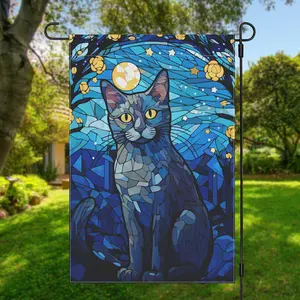 Charming Blue Cat Under Starry Night - Double-Sided Welcome Garden Flag, Durable Polyester, Perfect For Home & Yard Decor, 12X18In, No Pole Included
