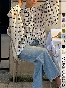 This Polka Dot Sheer Blouse is Timeless Retro Chic High Neck Tie Long Sleeve Puff Sleeve Blouse