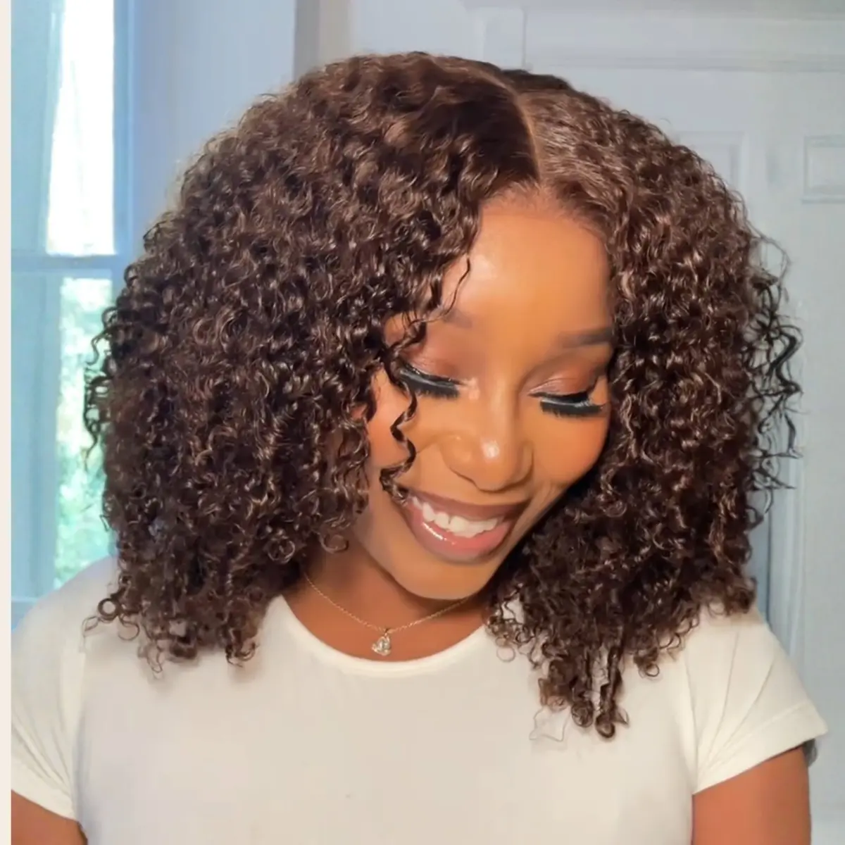 UNice 250% Density Glueless Chocolate Brown Afro Kinky Curly Wig 7x5 Lace Closure Human Hair Wigs with Drawstring Pre Plucked Hairline Bleached Knots Beginners Friendly