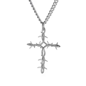 Men's Stainless Barbed Wire Cross Necklace | Inscribed with John 19:30 Bible Verse