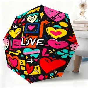 Colorful heart-patterned LOVE-themed waterproof folding umbrella, suitable for both men and women, portable and suitable for travel and daily use.