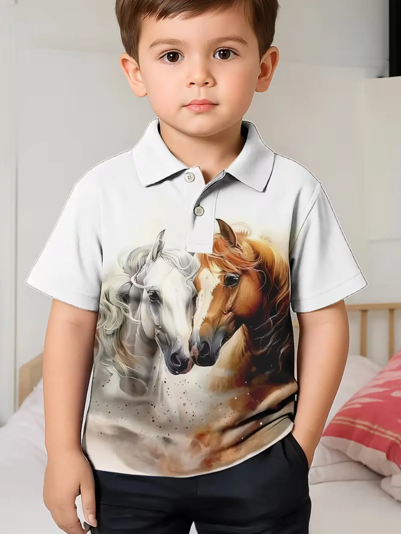 Kids Polo Shirt T-Shirt, New 3D Horse Pattern Short Sleeve Summer Polo, Cute Slim-Fitting All-Over Print Clothing, Buttoned Polo Shirt, Fitted Polos