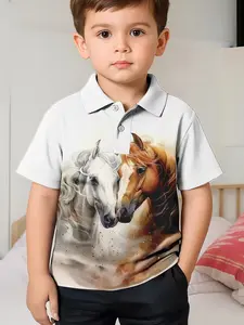 Kids Polo Shirt T-Shirt, New 3D Horse Pattern Short Sleeve Summer Polo, Cute Slim-Fitting All-Over Print Clothing, Buttoned Polo Shirt