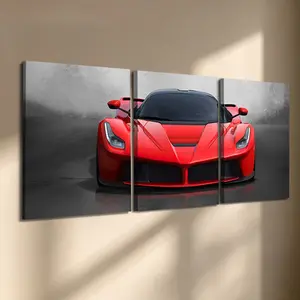 3 Pcs/Set Wooden-Framed Canvas Painting Car Pattern, Red Luxury Supercar Triptych Canvas Wall Art, Decorative Wall Art, Monochrome Background Print for Living Room, Bedroom, Office Decoration, Modern Home Decor, Artistic Ornaments, Artwork