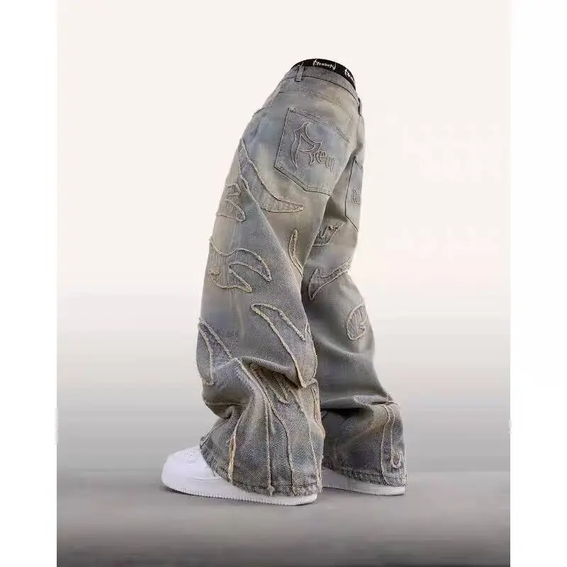 Men's Loose Fit Jeans with Harajuku Retro Bat Embroidery Streetwear Casual Baggy Denim Pants Fashion Trendy