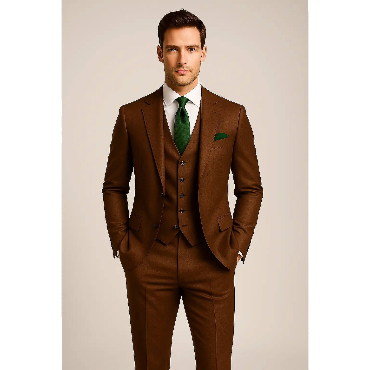 The Forest Glen – Light Brown Suit with Emerald Green Accents