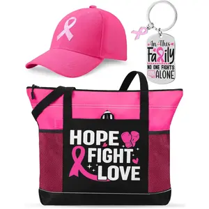3 Pcs Breast Cancer Awareness Gifts for Women Breast Cancer Awareness Ribbon Tote Bag Hat Keychain Bracelet