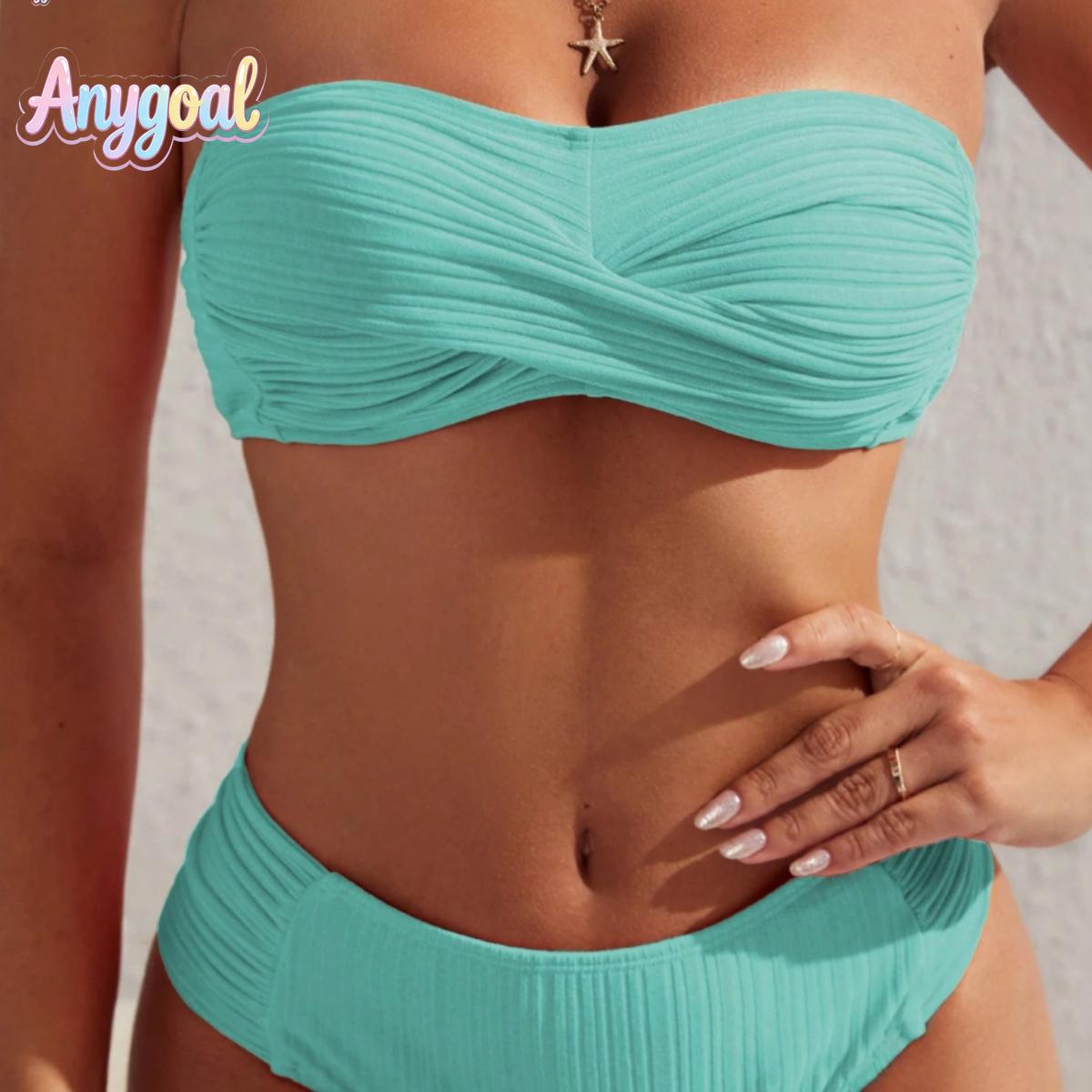 ANYGOAL Women Bandeau High Waisted Bikini Sets Smocked Swimsuit Strapless Two Piece Bathing Suit swimsuits 2026 women tankini swimsuits bathing suits flattering fortummy summer swimwear