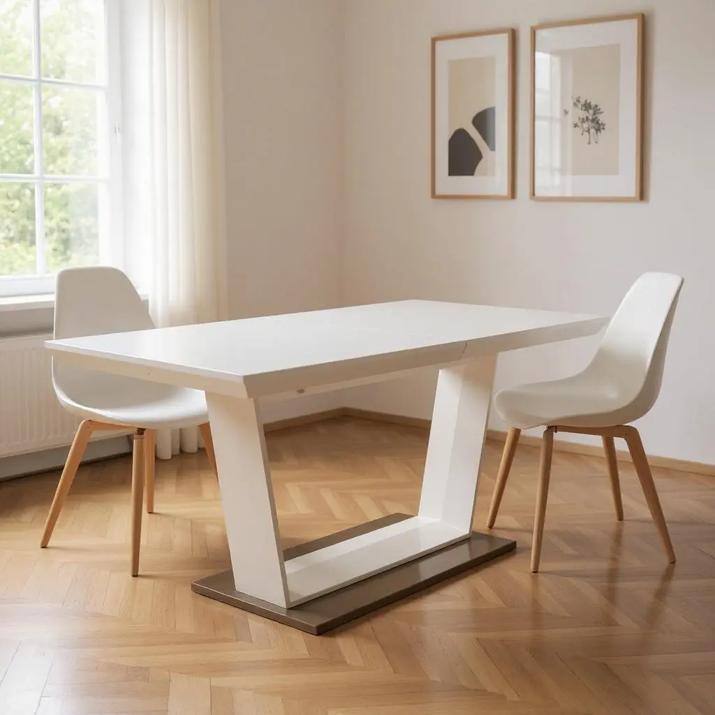212 MAIN Contemporary Rectangular Extendable Dining Table - White Wood-Metal, Self-Storing Leaf, Pedestal Base, 30x71x42 in, Seats 8, Rectangular Kitchen Table, Indoor Furniture