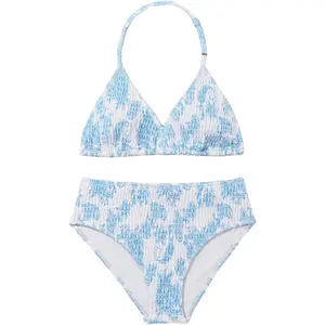 Girl's Tie Dye Smocked 2 Piece Backless Halter Bikini Swimwear Set, Cute Brief Bathing Suit
