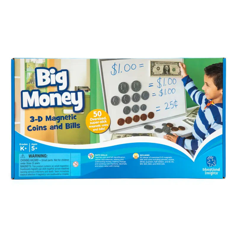 Educational Insights Big Money 3-D Magnetic Coins and Bills for Ages 5+, Grade K+, Includes Activity Guide