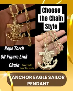 14K Gold Plated Eagle Anchor Pendant 1.77" Rope Torch/Figaro Link Chain 20-Inch/6mm Rope 24" 4mm Width Fashion Sailor Nautical Piece High Shine Look
