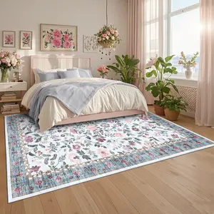 Washable Area Rug, Non-Slip Soft Vintage Rug for Living Room, Low-Pile Farmhouse Floral Mat, Non-Shedding Foldable Printed Carpet for Bedroom