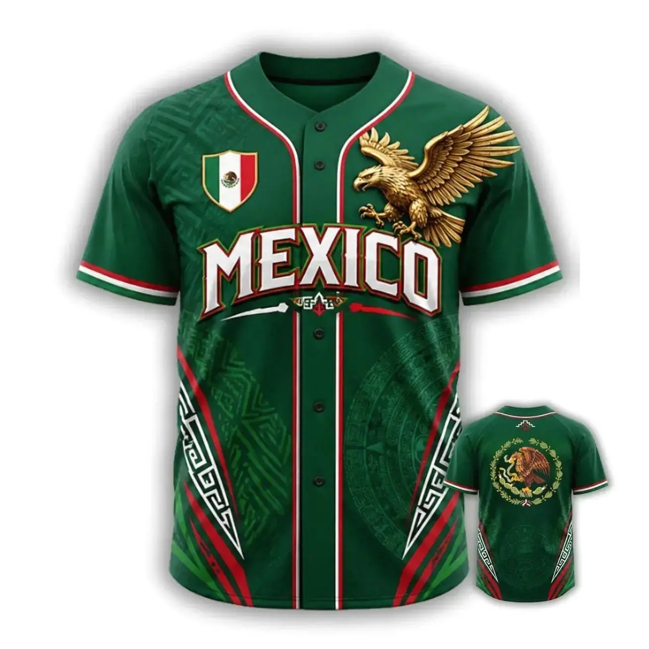 Mexico Aztec Eagle Baseball Jersey, Mexican Flag Graphic Shirt, Indigenous Eagle Design, Vintage Patriotic Sportswear, Unisex Summer Apparel