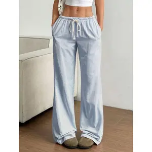 Pink Cotton Drawstring Waist Straight Leg Pants, Fashion Casual Home Wear For Women, Spring Bottoms Fabric Fit Pocket