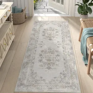Vintage Floral Runner Rug 2x6 - Machine Washable Distressed Non-Slip Low-Pile Soft Thin Carpet for Hallway Farmhouse Bedroom Entryway Laundry Room (2x6ft, Light Grey)