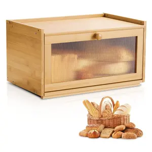 fathersdaygift VEVOR Bread Box for Kitchen Counter, Large Capacity Bamboo Bread Storage Container, Farmhouse Wooden Breadbox Organizer for Homemade Bread, Storage Holder Bin with Acrylic Wavy Door Panel, Natural