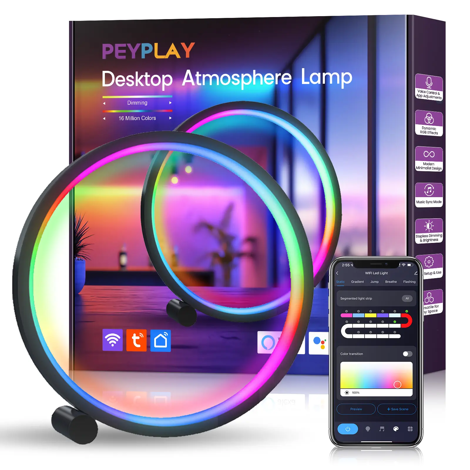 PEYPLAY Smart LED Table Lamp, RGB+IC Lighting, Color Changing Night Light, Music Sync, DIY Mode, Stepless Dimming, App & Voice Control (2.4GHz WiFi), Works with Alexa & Google, for Bedroom & Gaming