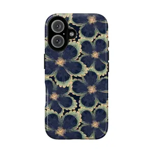 Midnight Blue Floral Tough Case – Retro-Inspired Artistic Flower Print Cover for iPhone 16, 15, 14, 13, 12, 11 & Samsung Galaxy S21–S24 Models