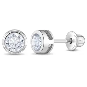 Round Bezel CZ Clear 5mm Baby / Toddler / Kids Earrings Screw Back - Sterling Silver