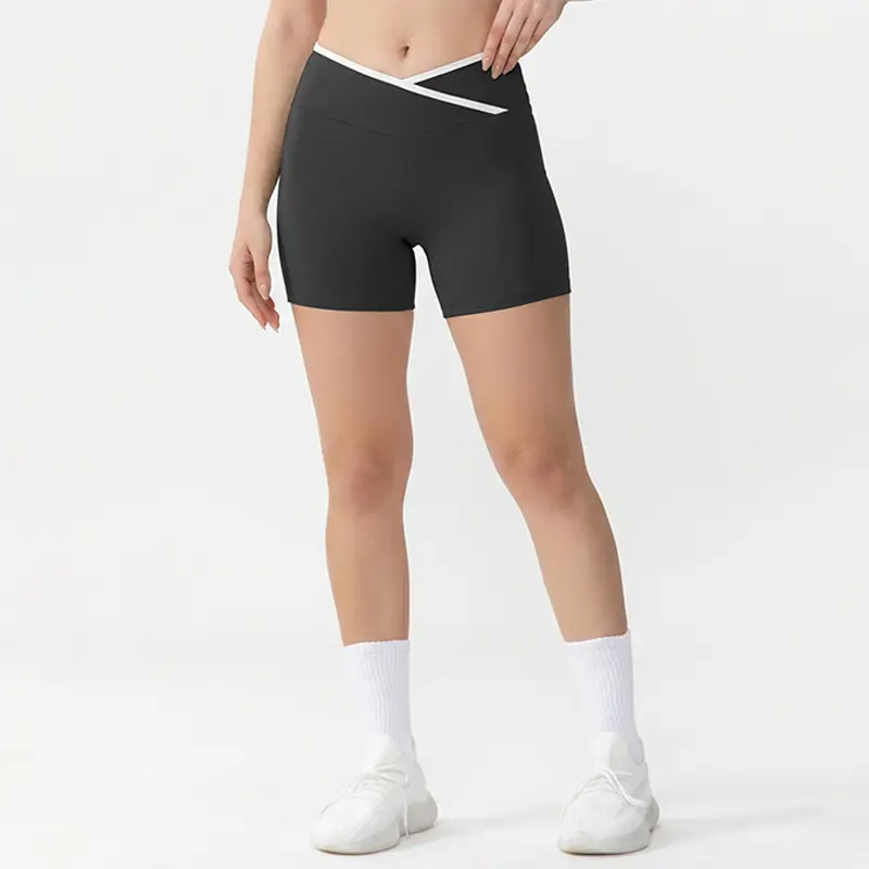 Women's Black Crossover Waist Athletic Shorts, High Waisted Stretch Workout Biker Shorts for Gym, Yoga, Running, Training & Casual Wear