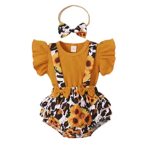 Preemie Newborn Baby Girls 3Pcs Summer Outfit Ruffle Short Sleeve Romper Floral Leopard Print Suspender Dress with Bowknot Headband Infant Baby Shower Casual Gift Clothes Set