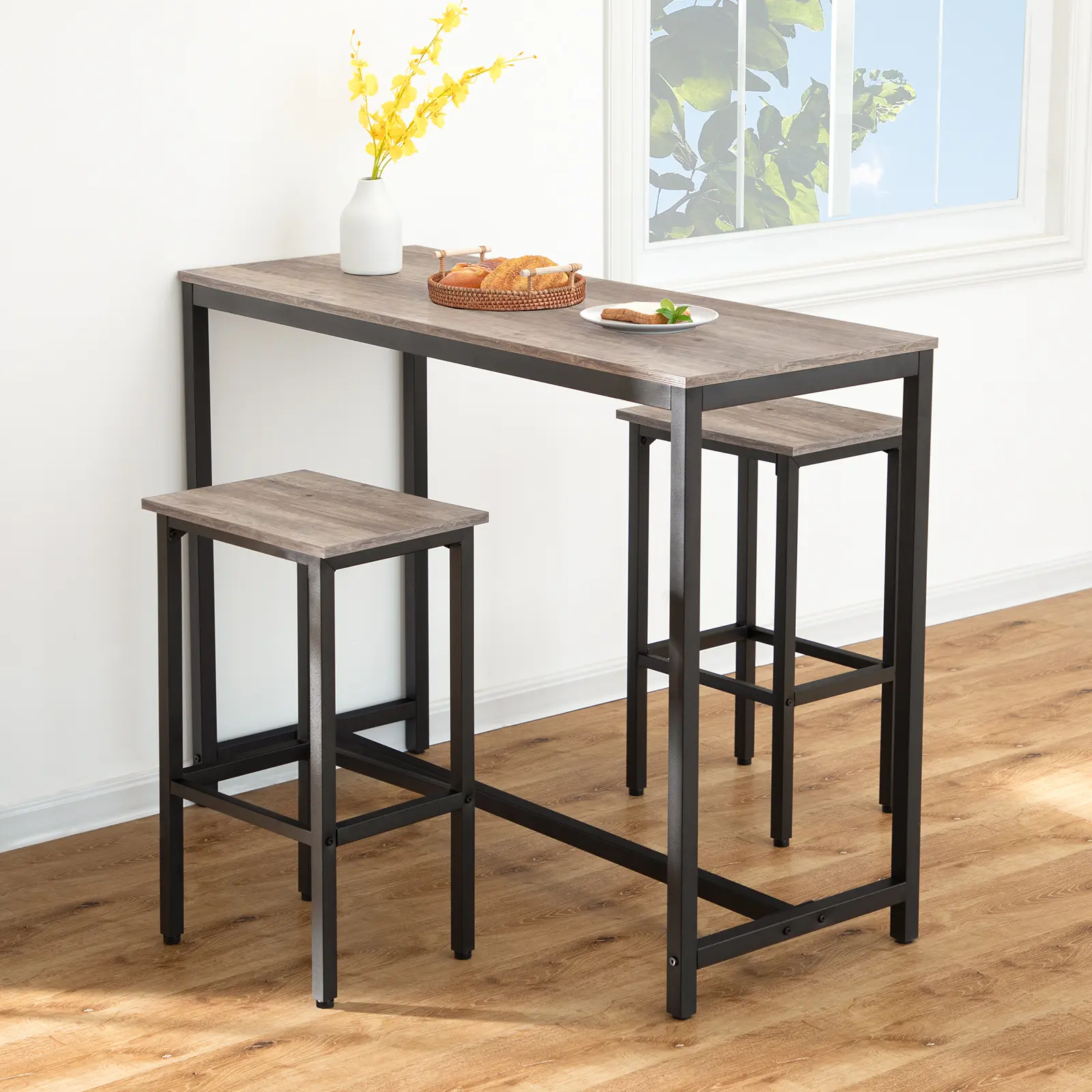 HOOBRO Bar Table and Chairs Set, 47.2” Rectangular Pub Table with 2 Stools for Small Space, High Top Table, 3-Piece Breakfast Table Set, Sturdy Metal Frame, Easy to Assemble, Greige #SummerVibes