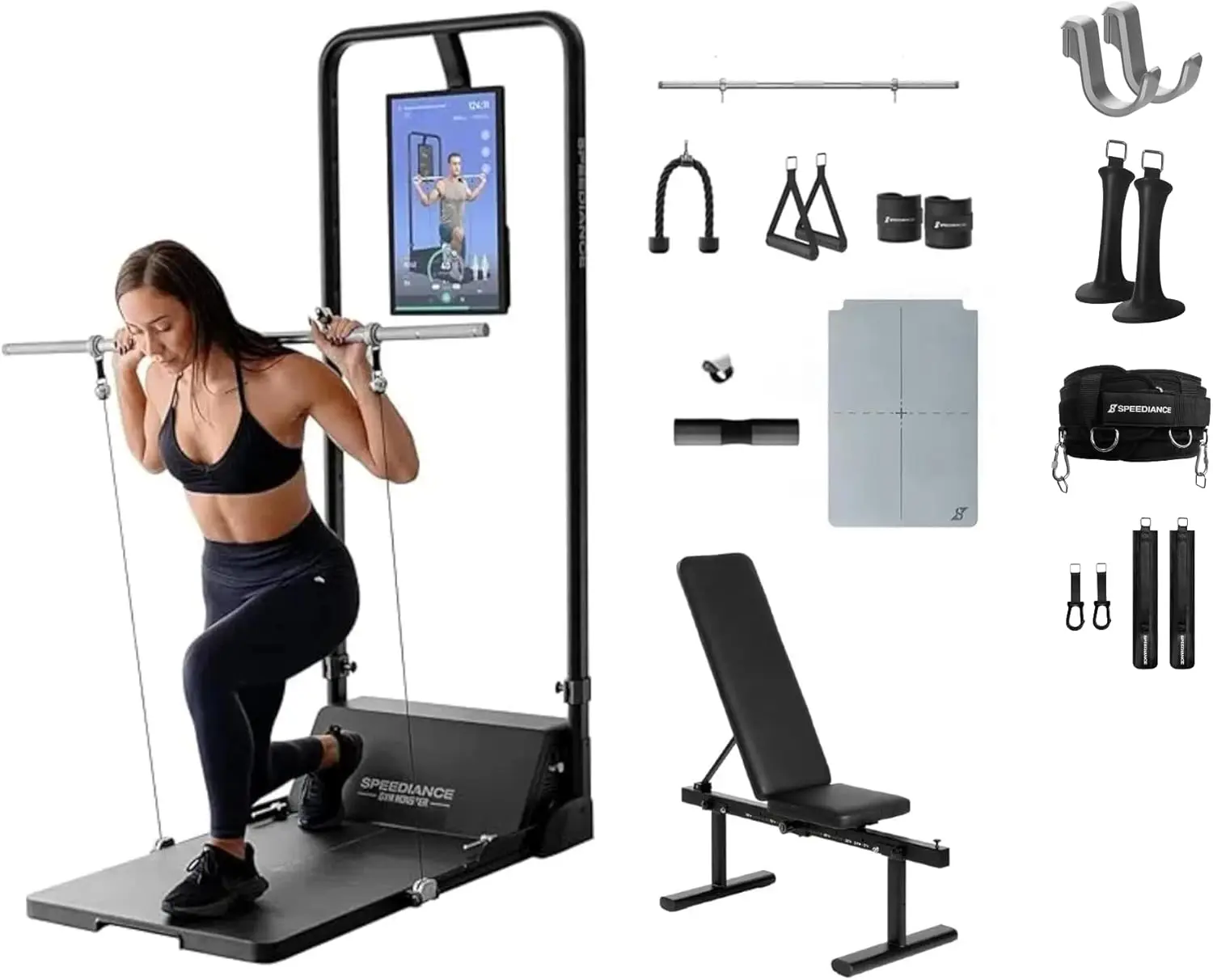 Speediance Gym Monster, Works Plus & Adjustable Barbell Hooks & Skiing Handles 2 & Weight Lifting Belt & Extender Belt Attachment Bundle