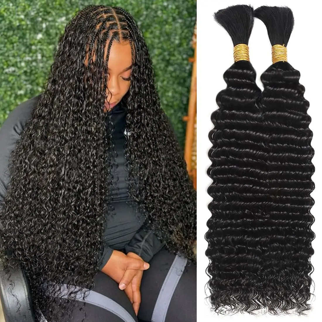Human Braiding Hair for Boho Braids Deep Water Wave Bulk Human Hair 110g 24 Inch Curly Wave for Boho Braids Extensions No Weft 12A Wet and Wavy Natural Color